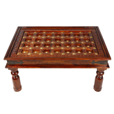 Mogra Antique Brass Work Coffee Table With Brass Work And Glass Top